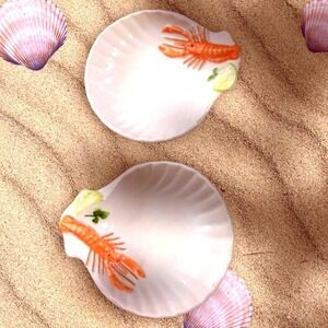 Vintage Italian Ceramic Seashell 3D Lobster Seafood Motif Small Scalloped Dishes